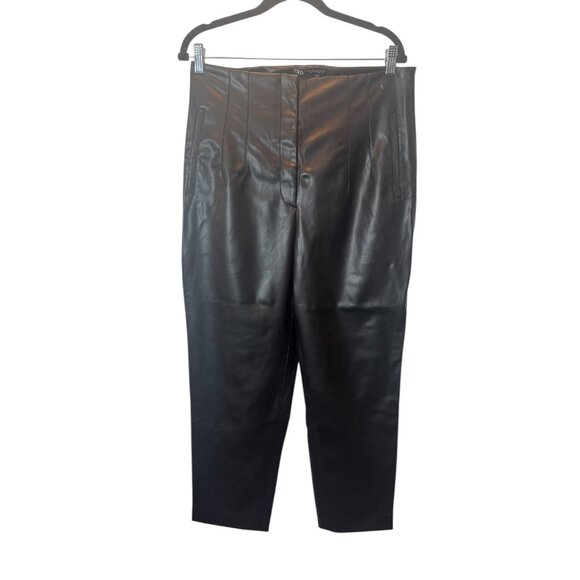 ZARA Faux Leather Straight Leg Pants Size XL – Black High Waist Vegan Leather Tr - Picture 2 of 5